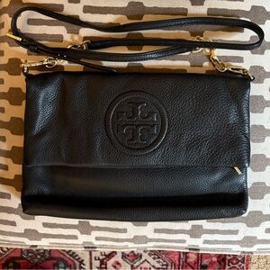 Tory Burch Black Pebbled Leather Crossbody Bag with Gold Hardware